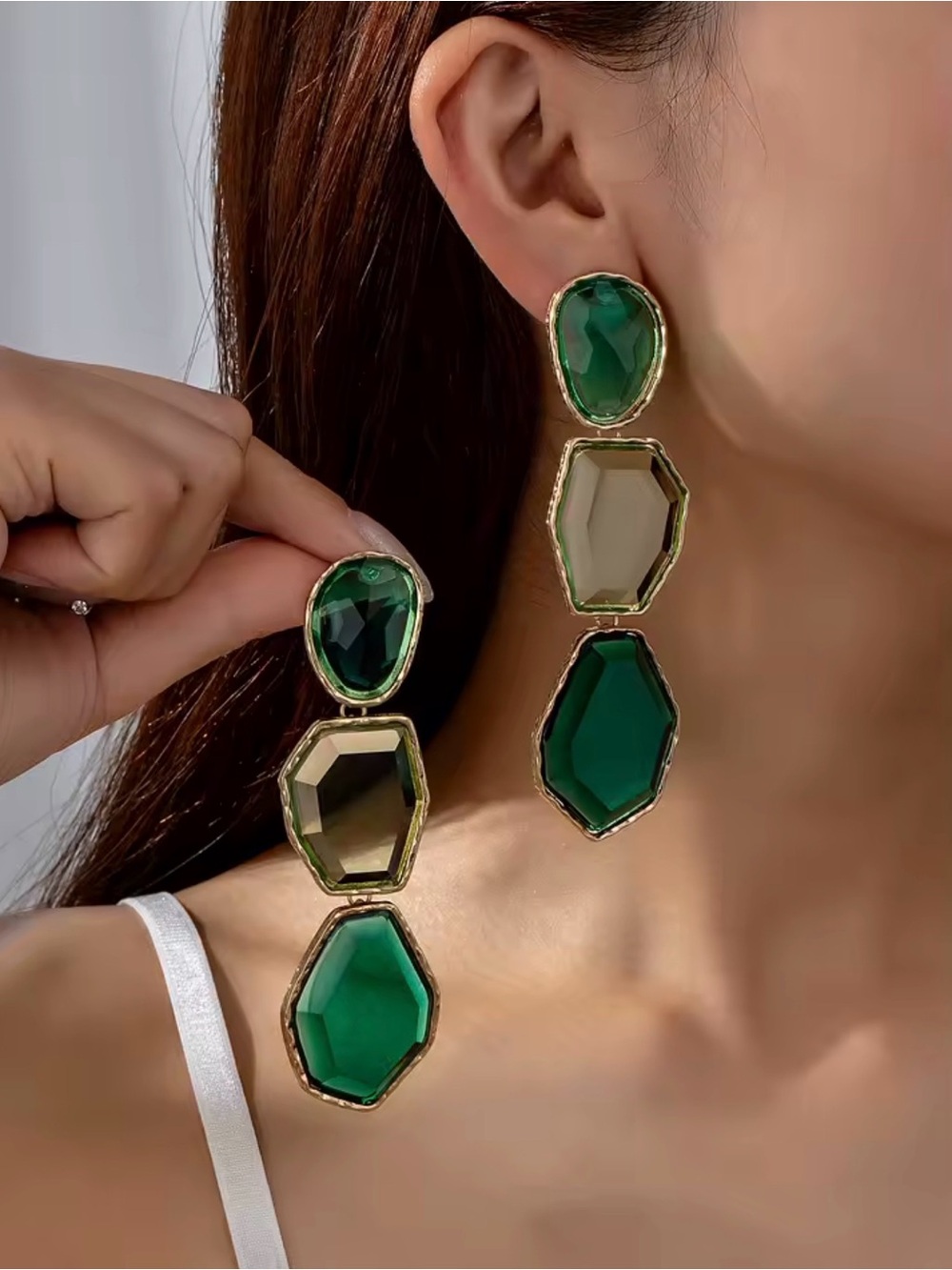 Stylish Green Triple-Stone Drop Earrings - Gold Setting